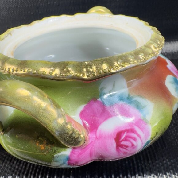 Antique Nippon Porcelain Hand Painted Sugar Bowl Small Container Jar Beaded VTG - Picture 8 of 15